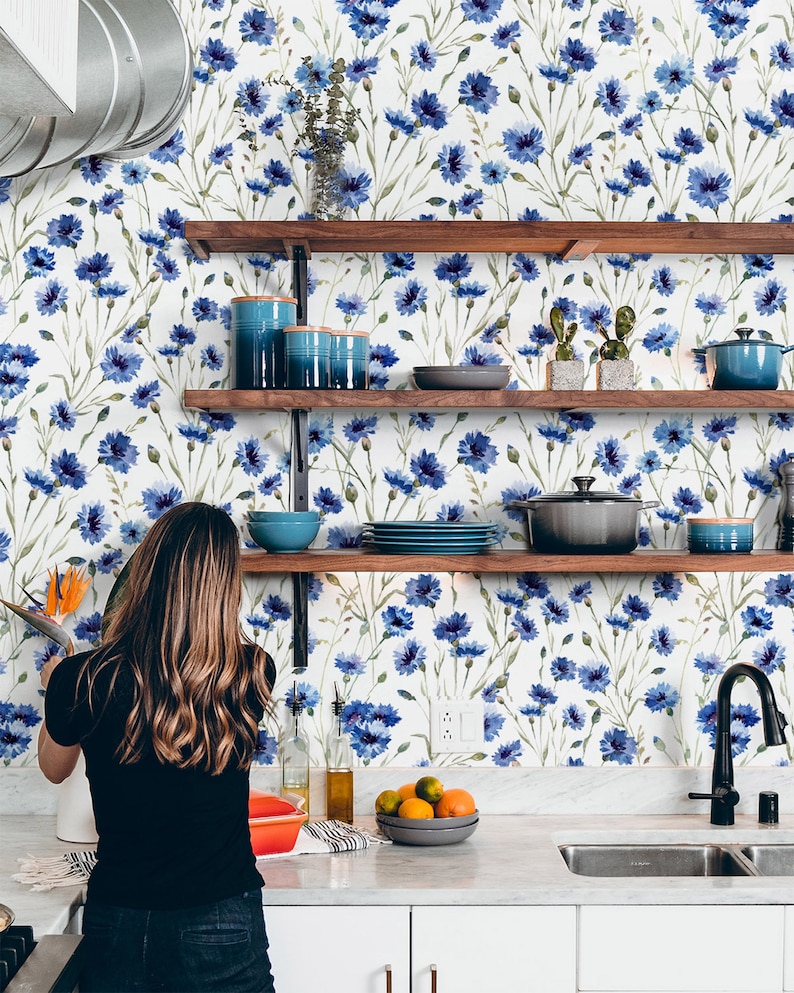 Peel and Stick Wallpaper Blue Wallpaper Floral Wallpaper Etsy