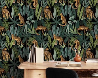 Cheetah Print on Dark Background Peel and Stick Wallpaper for Living Room - Safari Animals Tropical Temporary Wallpaper for Renters EW262