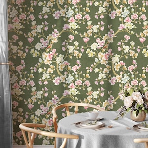Chinoiserie Flower and Bird Removable Wallpaper on Green Texture Background - Vintage Chinoiserie Tree Peel and Stick Wallpaper for Renters