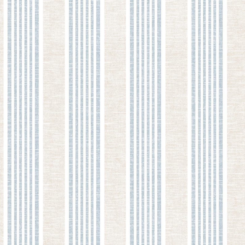 Light Blue Farmhouse Striped Self Adhesive Wallpaper – Blue & Beige Elegant Temporary Renters Wallpaper for Living Room, Kitchen