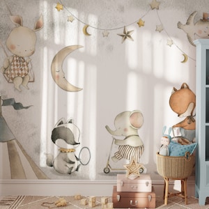 Cute Neutral Woodland Animals Children Wallpaper Mural Peel and Stick - Baby Room Wallcovering, Boy and Girl Nursery Watercolor Wallpaper