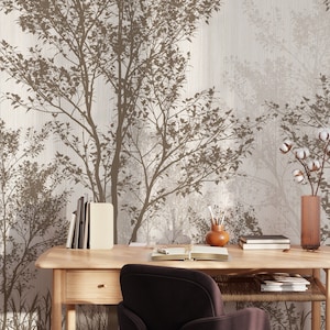 Vintage Forest Landscape Peel and Stick Mural Wallpaper - Art Deco Brown Scenic Trees with Textured Effect Self Adhesive Temporary Wallpaper