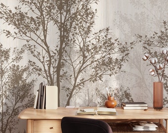 Vintage Forest Mural Wallpaper: Brown Scenic Trees Peel and Stick Wall Mural