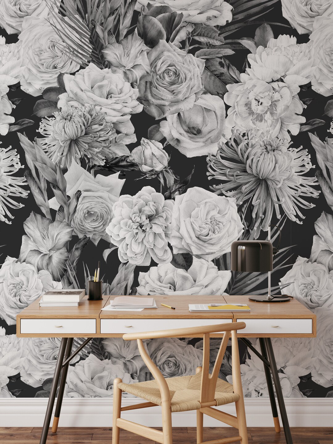Dark Floral Wallpaper Peel and Stick Botanical Wall Mural Black ...