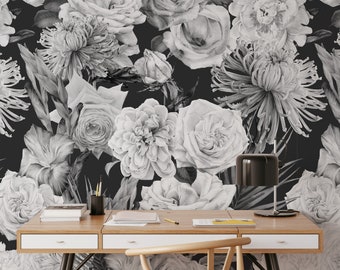 Dark Floral Wallpaper Peel and Stick Botanical Wall Mural Black Wallpaper Vintage Floral Wallpaper Wall Mural Large Wallpaper