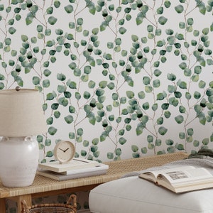 Green Eucalyptus Leaves Temporary Wallpaper - Watercolor Eucalyptus Branch Peel and Stick Mural Wallpaper for Renters
