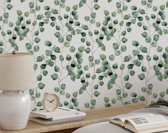 Green Eucalyptus Leaves Temporary Wallpaper - Watercolor Eucalyptus Branch Peel and Stick Mural Wallpaper for Renters