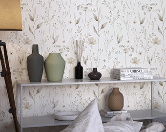 Neutral Boho Garden Wildflowers Wallpaper Peel and Stick - Watercolor Botanical Self Adhesive Wallpaper - Boho Flower Removable Wallpaper227