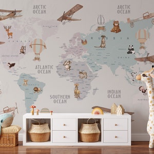 Peel and Stick Wallpaper Nursery Political World Map Animals Wall Covering Children Wallpaper World Map for Nursery Kids Wall Mural