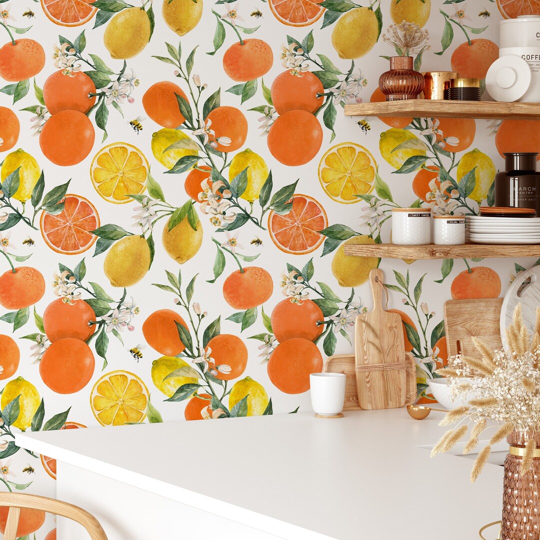 Vintage Lemon Print Temporary Wallpaper - Yellow Fruit Tree Botanical ...