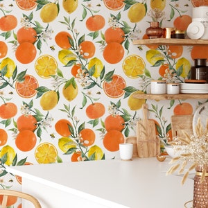 Vintage Lemon Print Temporary Wallpaper - Yellow Fruit Tree Botanical Peel and Stick Mural Wallpaper for Renters