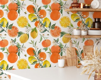 Vintage Lemon Print Temporary Wallpaper - Yellow Fruit Tree Botanical Peel and Stick Mural Wallpaper for Renters