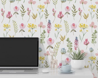 Botanical Wildflower Wallpaper: Boho Watercolor Peel and Stick Wall Covering