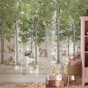 Forest Wild Animals Green Woodland Peel and Stick Mural  - Watercolor Fairy Forest Temporary Wallpaper for Boys or Girls Room