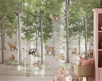 Forest Wild Animals Green Woodland Peel and Stick Mural  - Watercolor Fairy Forest Temporary Wallpaper for Boys or Girls Room