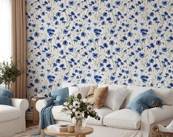 Peel and Stick Wallpaper Blue Wallpaper Floral Wallpaper Renters Wallpaper Floral Mural Wallpaper Roll Botanical Wallpaper Flower Wallpaper
