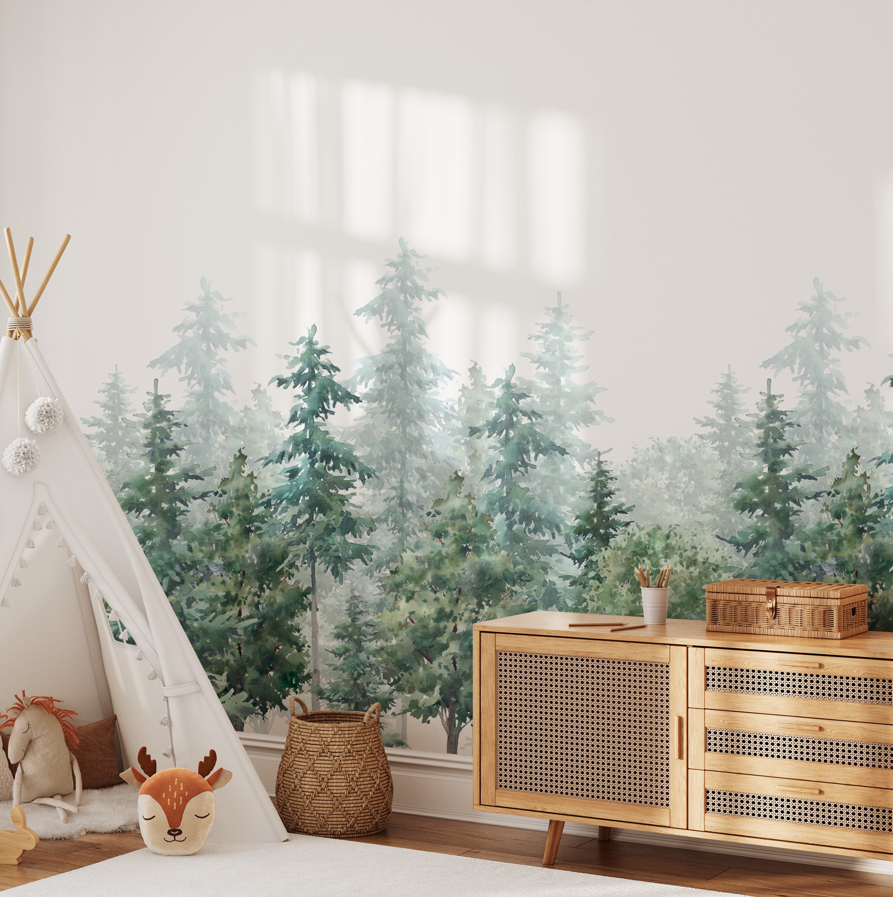 Pine Tree Forest Wallpaper Peel and Stick Watercolor Woodland Scenic ...