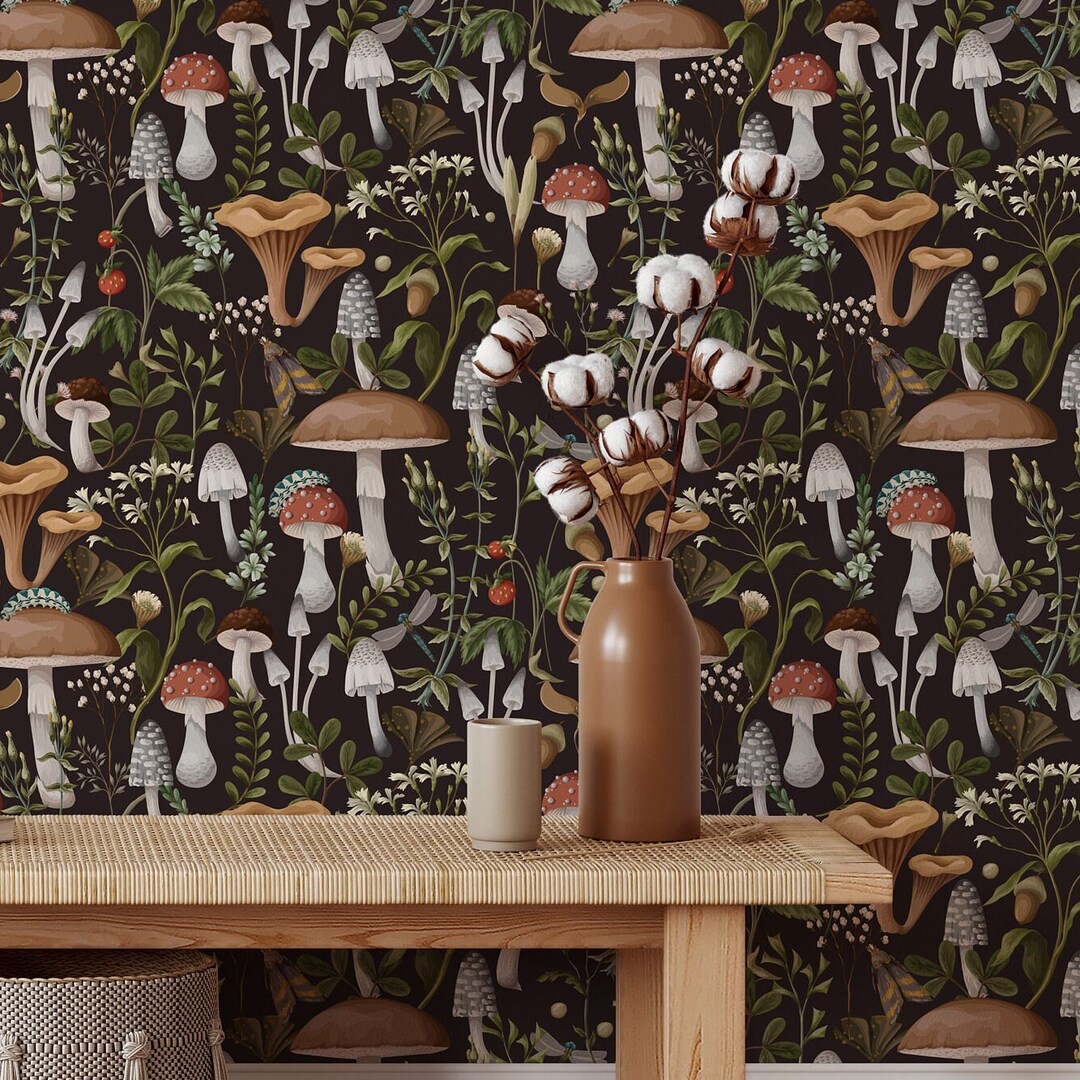 Dark Vintage Mushroom Temporary Wallpaper - Luxury Whimsical Botanical ...