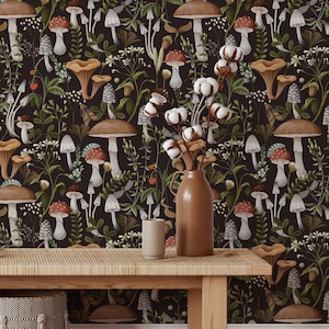 Dark Vintage Mushroom Temporary Wallpaper - Luxury Whimsical Botanical Peel and Stick or Traditional Wallpaper for Renters