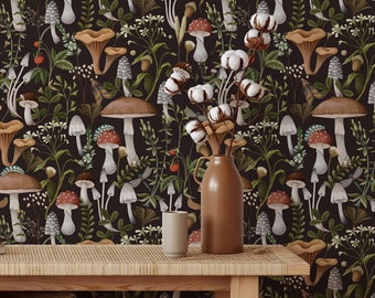 Dark Vintage Mushroom Temporary Wallpaper - Luxury Whimsical Botanical Peel and Stick or Traditional Wallpaper for Renters
