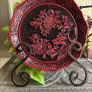 Oriental lacquerware red cinnabar brass plate