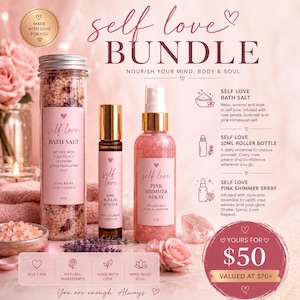 Könnte beinhalten: Ein Self-Care-Bundle mit Badesalz, einer Rollerflasche und einem Schimmerspray. Die rosa Produkte sind mit "self love" beschriftet und mit Rosenblättern und Lavendel angereichert. Das Bundle soll Geist, Körper und Seele nähren.