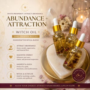 May include: Three clear glass dropper bottles with gold caps containing a liquid blend with visible botanical elements. The bottles are labeled 30ml and are arranged on a heart-shaped stone base. Text on the image includes Abundance + Attraction Witch Oil.