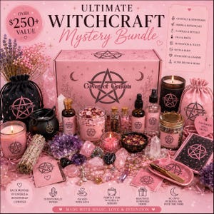 May include: A pink Coven of Genesis Ultimate Witchcraft Mystery Bundle box surrounded by various items including a black drawstring bag, a small black cauldron, pink candles, glass jars with dried flowers, crystals, oils, and a pink ceramic tray.