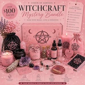 Pode incluir: Uma caixa misteriosa Coven of Genesis em rosa com um logótipo de pentagrama, rodeada por sais de banho rituais, óleo de amor, um spray de névoa de proteção, uma vela rosa, bolsas com cordão, cristais e um pequeno cartão.