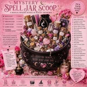 Puede incluir: Gráfico rosa y negro que anuncia un "Mystery Spell Jar Scoop", con un caldero lleno de cristales y objetos mágicos. El texto detalla los tamaños de las porciones y los contenidos potenciales, ideal para hechizos, altares y rituales.
