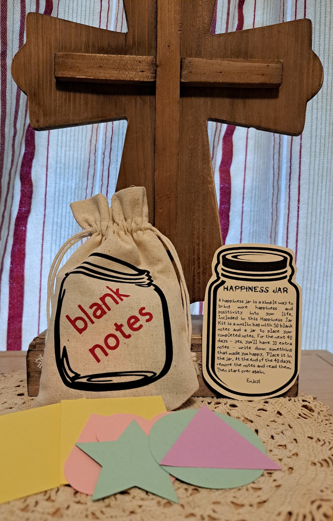 Happiness Jar Kit Muslin Bag With 50 Blank Notecards for Use With Mason