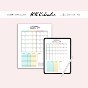 Puede incluir: Un calendario de facturas digital para enero, que se muestra en una página impresa y una tableta. El calendario presenta un diseño de cuadrícula con casillas de colores pastel para cada día, junto con secciones para facturas, importes, fechas de vencimiento y objetivos.