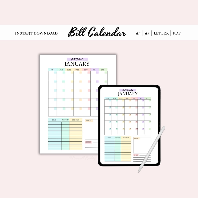 Printable Bill Calendar: Monthly Planner Template (PDF Download) - Etsy