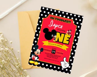 Digital Mickey Mouse First Birthday Invitation: Customizable Evite (5x7, 1080x1920px)