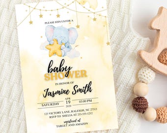 Editable Elephant Baby Shower Invitation: Blue Star Design (Digital Download