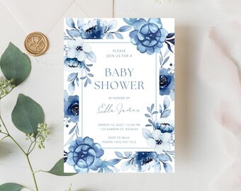 Editable Baby in Bloom Boy Baby Shower Invitation,  Dusty Blue Flowers, Baby Shower Evite, Boho Baby Shower, Blue Floral Baby Shower Evite