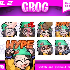 Könnte beinhalten: Ein Set mit 8 Twitch- und Discord-Emojis, die eine Comicfigur mit grünem Haar und verschiedenen Gesichtsausdrücken zeigen. Die Emojis beinhalten "Hype", "Wütend", "Hammer", "Glücklich", "Denken", "Pistole", "Winken" und "Umarmung".