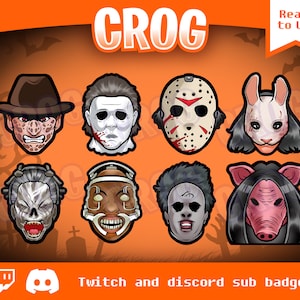 May include: A set of 8 horror movie character icons for Twitch and Discord sub badges. The icons feature characters like Jason Voorhees, Michael Myers, and Ghostface.