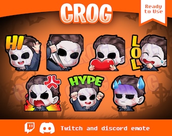 May include: Set of 8 Halloween-themed Twitch and Discord emotes featuring a cartoon character with a white mask and different expressions, including "Hi", "LOL", "Hype", and "Angry".