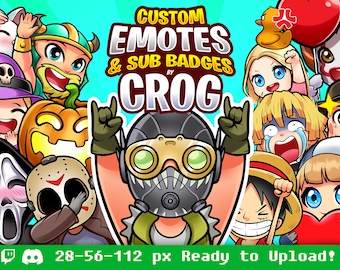 Può includere: Una collezione di emote Twitch personalizzate e badge di abbonamento progettati da Crog. Le emote presentano vari personaggi dei cartoni animati con diverse espressioni, tra cui una zucca, un fantasma, un vichingo e un personaggio con una maschera antigas. Il testo "CUSTOM EMOTES & SUB BADGES BY CROG" è visualizzato nella parte superiore dell'immagine. Il testo "28-56-112 px Ready to Upload!" è visualizzato nella parte inferiore dell'immagine.