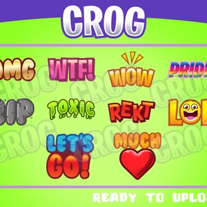 Könnte beinhalten: Ein Set mit 12 bunten digitalen Aufklebern mit verschiedenen Textphrasen, darunter "OMG", "WTF", "WOW", "PRIDE", "RIP", "TOXIC", "REKT", "LOL", "LET'S GO" und "MUCH". Die Aufkleber sind im Cartoon-Stil mit fetten Buchstaben und leuchtenden Farben gestaltet.