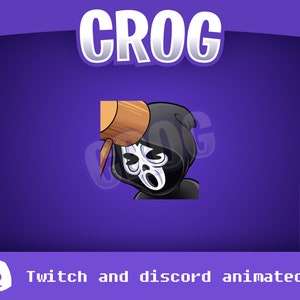 May include: Animated Twitch and Discord emote featuring a cartoon character wearing a black hooded robe and a white mask, holding a wooden mallet. The character is screaming with a wide-open mouth. The background is purple. The text "Crog" is at the top of the image in a white, silver, and gray font. The text "Ready to Use" is at the bottom right of the image in a white font.