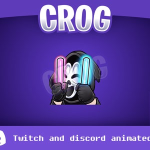 Puede incluir: Emoticono animado de Twitch y Discord con un personaje que lleva una túnica negra con capucha y una máscara blanca, sosteniendo dos barras luminosas, una rosa y otra azul. El texto "Crog" se muestra encima del personaje.
