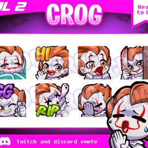 May include: Set of 8 Twitch and Discord emotes featuring a cartoon clown with different expressions. The emotes include "GG", "RIP", "Hi", "Scared", "Laughing", "Hiding", "Knife", and "Sleeping".