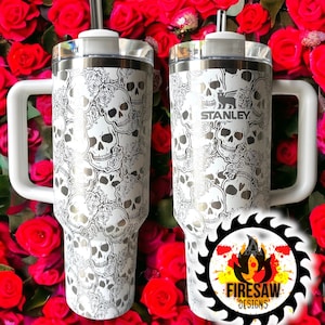 Authentic Stanley Travel Quencher Tumbler - Skulls and Roses - Halloween - Full Wrap Permanently Laser Engraved - 30oz or 40 OZ Tumbler