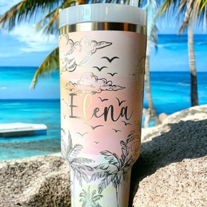 Tropical Beach Summer Vibes 40oz Laser Engraved Palm Tree Tumbler Full Wrap Permanently Engraved 40oz Tumbler with Handle