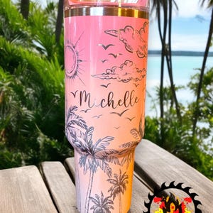 Authentique gobelet de voyage Stanley 30 oz ou 40 oz - Palmier de plage tropical personnalisable estival-Full Wrap gravé au laser de façon permanente