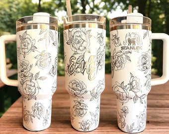 Authentic Stanley Tumbler 30oz OR 40oz Tumbler with Handle - Peony Floral Pattern -Full Wrap Permanently Laser Engraved Personalizable