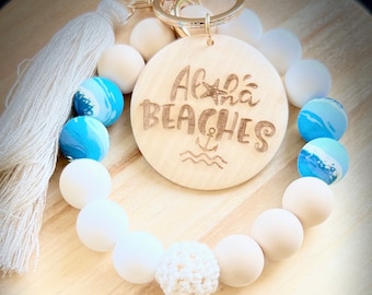 Aloha Beaches Boho wristlet with tassel and engraved disc, add personalization, silicone bead wristlet, Laser Engraved Keychain, ocean, sea