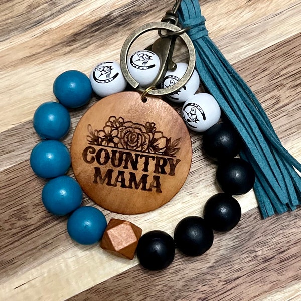 Country Mama Teal, Black and Horseshoe Wooden bead Wristlet Keychain Personalizable with Tassel and Engraved Disc